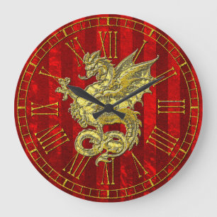 Grande Horloge Ronde Rayure rouge d'aluminium de dragon d'or