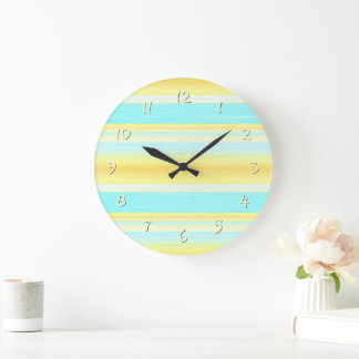 Grande Horloge Ronde Rayures Aquarelle Jaune Bleu Aqua Été Ensoleillé