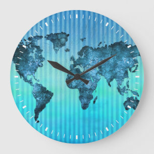 Grande Horloge Ronde Rayures bleues au néon de la carte du monde