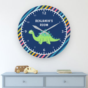 Grande Horloge Ronde Rayures Colorées Mignon Dinosaure Vert Chambre Enf