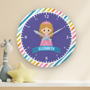 Grande Horloge Ronde Rayures Colorées Mignonne Princesse Enfants Filles