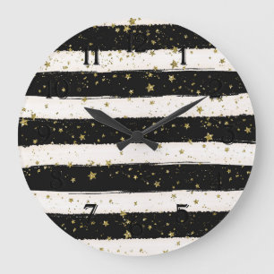 Grande Horloge Ronde Rayures d'aquarelle noir blanc Étoiles dorées pail
