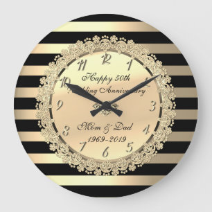 Grande Horloge Ronde Rayures dorées,Fleurs 50e anniversaire de mariage