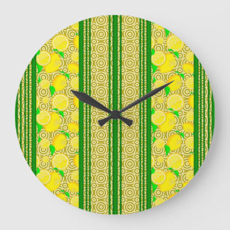 Grande Horloge Ronde Rayures et cercles à l'aquarelle de citron