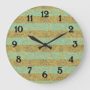 Grande Horloge Ronde Rayures pailletées or et menthe