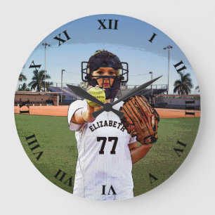 Grande Horloge Ronde Receveur de joueur de base-ball avec votre nom et