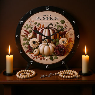 Grande Horloge Ronde Récolte d'automne 'Bonjour Citrouille'