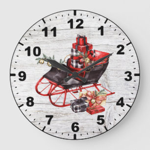 Grande Horloge Ronde Red and Black Sleigh Packages Christmas Barn Wood