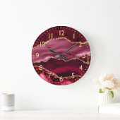 Grande Horloge Ronde Red and Faux Gold Glitter Marble Agate (Maison)