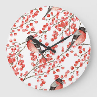 Grande Horloge Ronde Red Berries Bullfinches Motif aquarelle