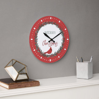 Grande Horloge Ronde Red Berries Wreath and Red Cardinal Christmas 