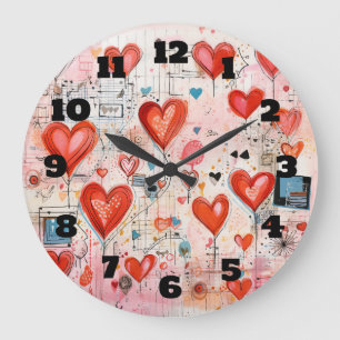 Grande Horloge Ronde Red Hearts Whimsical Love Motif