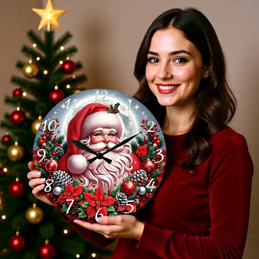 Grande Horloge Ronde Red Plaid Santa Moon
