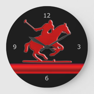Grande Horloge Ronde Red Polo Pony on Black, red métallc-look stripe