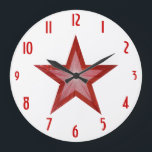 Grande Horloge Ronde Red Star Clock<br><div class="desc">Le design moderne, c'est "shining" red and white star on a white background. Wall clock with a customizable design for you to personise with your own text, images and ideas. Please note that this a printed image created using original photographis and digital techniques, it does not shine or contain real...</div>