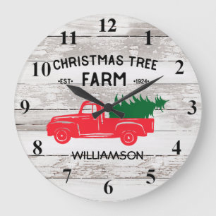 Grande Horloge Ronde Red Vintage Truck Christmas Tree Nom de famille