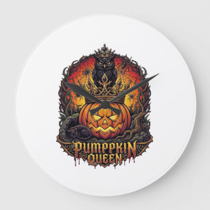 Grande Horloge Ronde Reine Citrouille Halloween Hibou Araignée Chat Noi