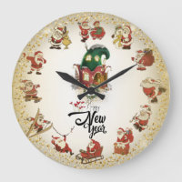 Reloj de pared con papá Noel y feliz año nuevo