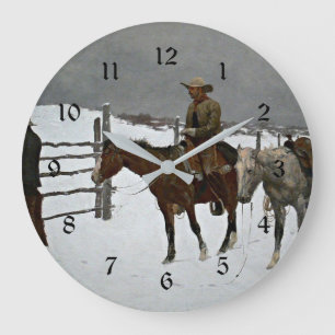 Grande Horloge Ronde Remington - Chute du Cowboy, peinture d'art,