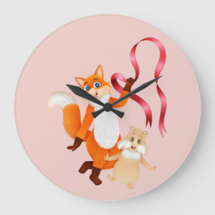 Grande Horloge Ronde Renard avec ruban et lapin avec cadenas