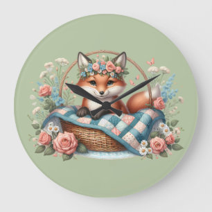 Grande Horloge Ronde Renard floral dans un panier avec courtepointe et 