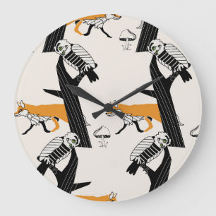 Grande Horloge Ronde Renard, hibou, arbre, sans couture vintage.