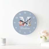 Grande Horloge Ronde Renard mignon Et Lapin Bébé Garçon Monogramme Bleu (Maison)