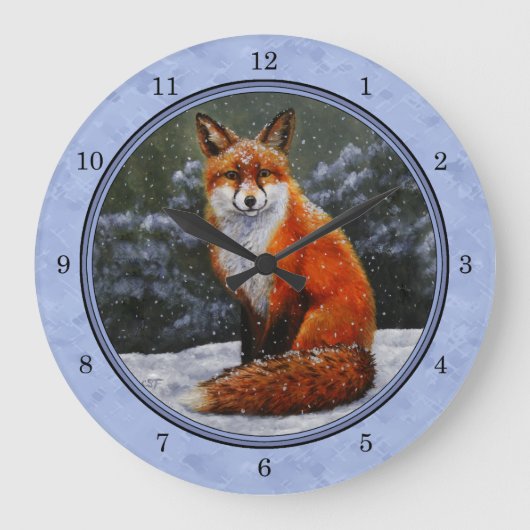 Grande Horloge Ronde Renard rouge mignon en neige hivernale (Recto)