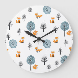Grande Horloge Ronde Renards forestiers : Arrière - plan blanc Vintage