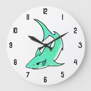 Grande Horloge Ronde requin souriant de dessin animé bleu vert océan an