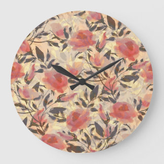 Grande Horloge Ronde Ressort roses sauvages : motif aquarelle.