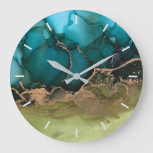 Grande Horloge Ronde Résumé Turquoise Noir Vert Or Sans Chiffres