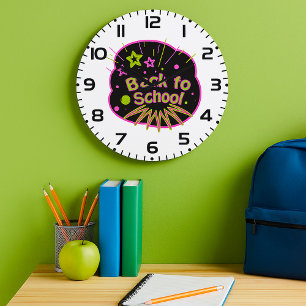 Grande Horloge Ronde Retour à l'école Neon Pop Art Bright Classroom