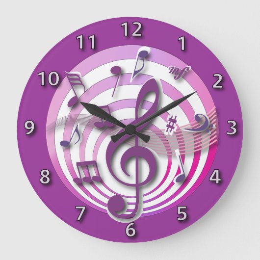 Grande Horloge Ronde Retro 3D Effect Pink Musical Notes (Recto)