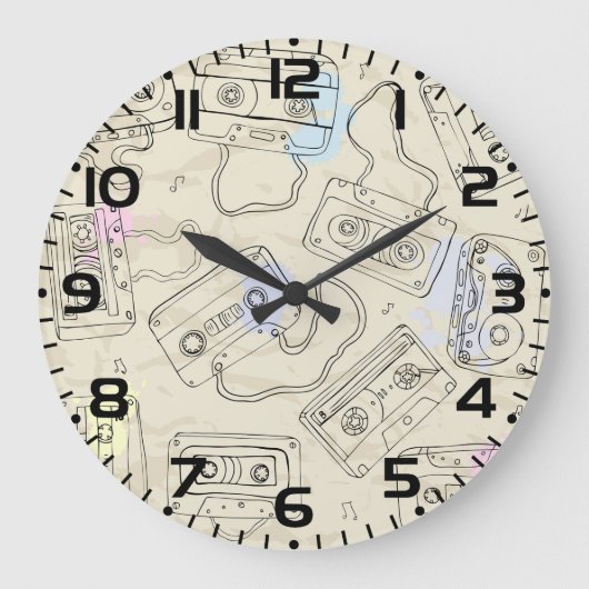 Grande Horloge Ronde Retro 80s 90s Nostalgic Cassette Mix Tape Pattern (Recto)