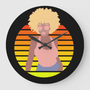 GRANDE HORLOGE RONDE RETRO AFRO QUEEN - REINE AFRO-AMÉRICAINE