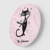Grande Horloge Ronde Retro Atomic Black Cat Personalized Kitchen Clock (Angle)