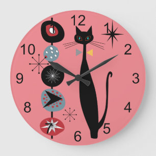 Grande Horloge Ronde Retro Atomique Moyen Siècle Moderne MCM Cool Chat