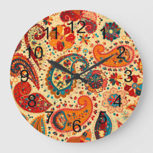 Grande Horloge Ronde Rétro beau bohémien coloré Paisley de Boho