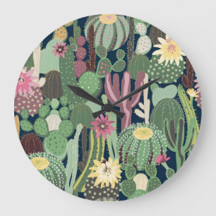 Grande Horloge Ronde Retro Cactus Design : Texture de tissu sans fil