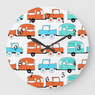 Grande Horloge Ronde Rétro Camping Trailer Turquoise