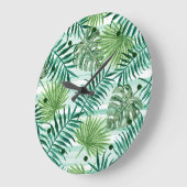 Grande Horloge Ronde Retro Chic Palm Vert Feuille Aquarelle Art (Angle)