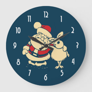 Grande Horloge Ronde Retro Christmas Père Noël et son Reindeer Buddy