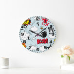 Grande Horloge Ronde Retro Comic Explosion Pop Art<br><div class="desc">Ajoutez une explosion d'énergie à votre espace grâce à cette horloge murale de style comique avec des graphismes vibrants "BAM" et "BOOM" et un design pop art audacieux. Idéale pour les chambres, les bureaux ou les espaces créatifs, cette horloge est parfaite pour les amateurs de bandes dessinées rétro et de...</div>
