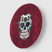 Grande Horloge Ronde Rétro Day of the Dead Sugar Skull (Angle)