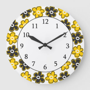 Grande Horloge Ronde Rétro motif de fleurs jaune et noir