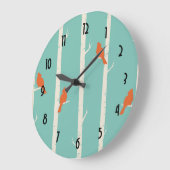 Grande Horloge Ronde Rétro Orange Birds on Birch Trees (Angle)