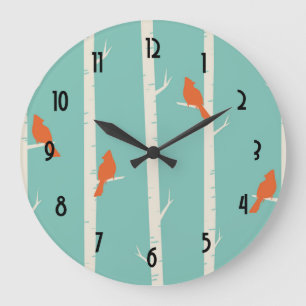 Grande Horloge Ronde Rétro Orange Birds on Birch Trees