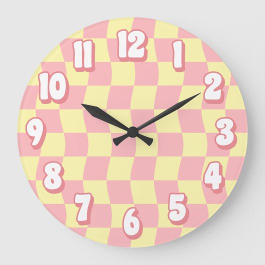 Grande Horloge Ronde Retro Pastel rose jaune Wavy Checkerboard (Recto)