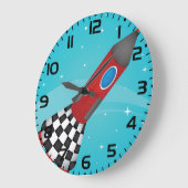 Grande Horloge Ronde Retro Red Rocket Ship in Space Galactic (Angle)